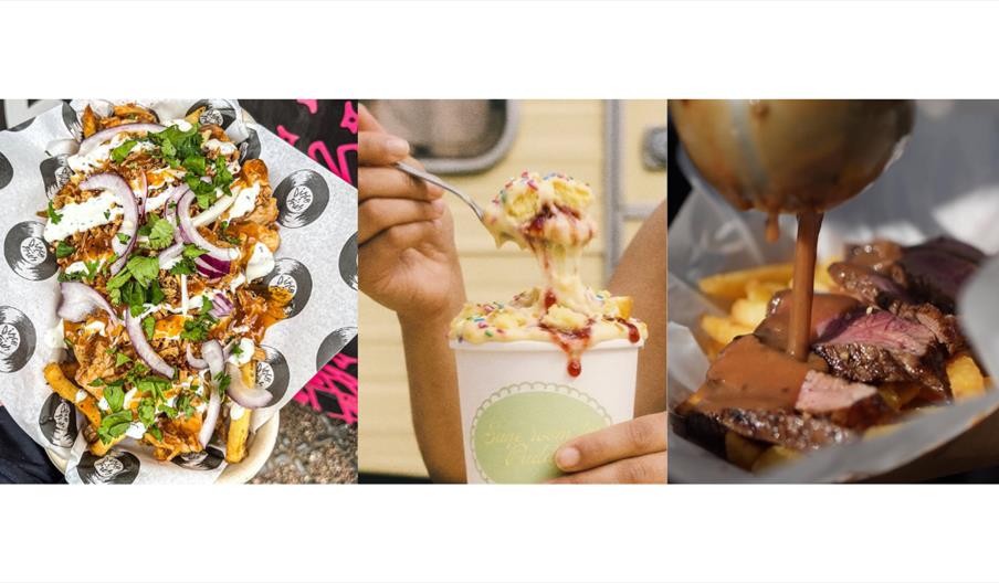 Three-panel food collage: loaded fries with chicken and onions, stretchy berry pudding, and steak with chips drizzled in gravy.