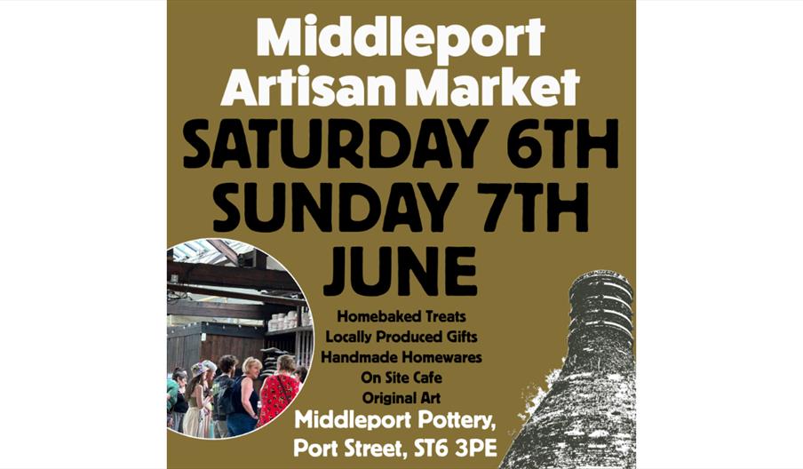 Poster promoting Middleport Artisan Market with dates 6–7 June, featuring event details, venue, and a photo of visitors inside a pottery workshop