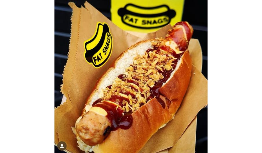 Hot dog with sauces and crispy onion spread all over it