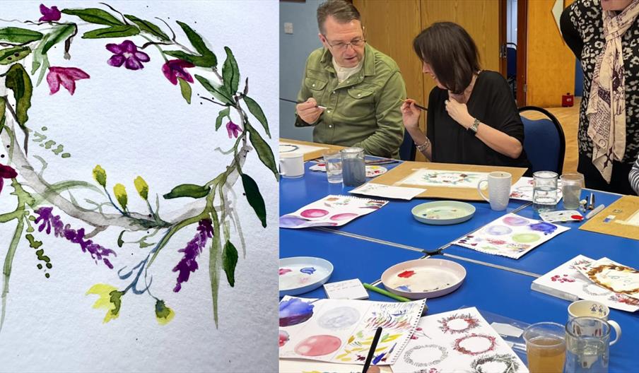 Water colour art work and group of people creating painting