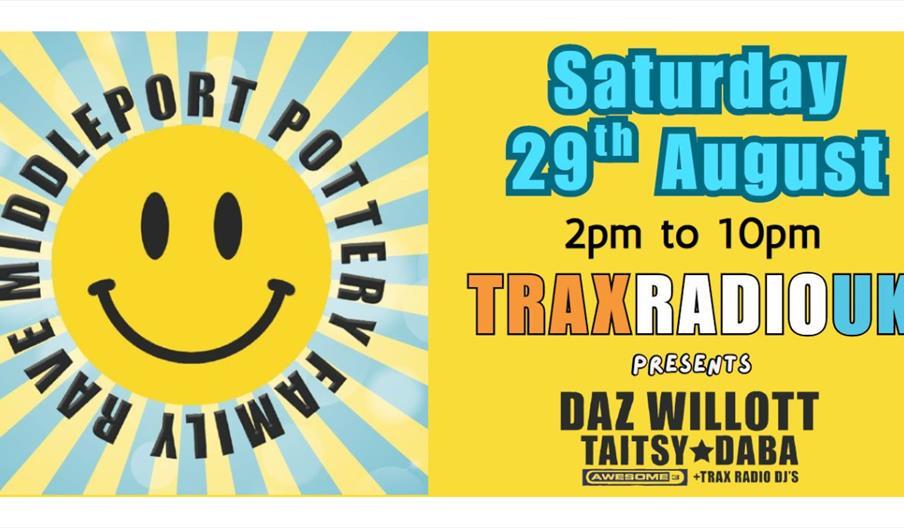 Bright promotional poster for a Middleport Pottery open-air rave featuring a large yellow smiley face on a sunburst background, alongside bold text ad