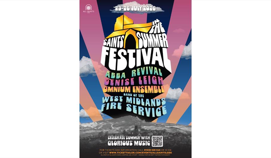 Colourful poster for Saints in the Summer Festival showing stylised text over a hill and church silhouette, with dates 23–26 July 2026 and featured ac