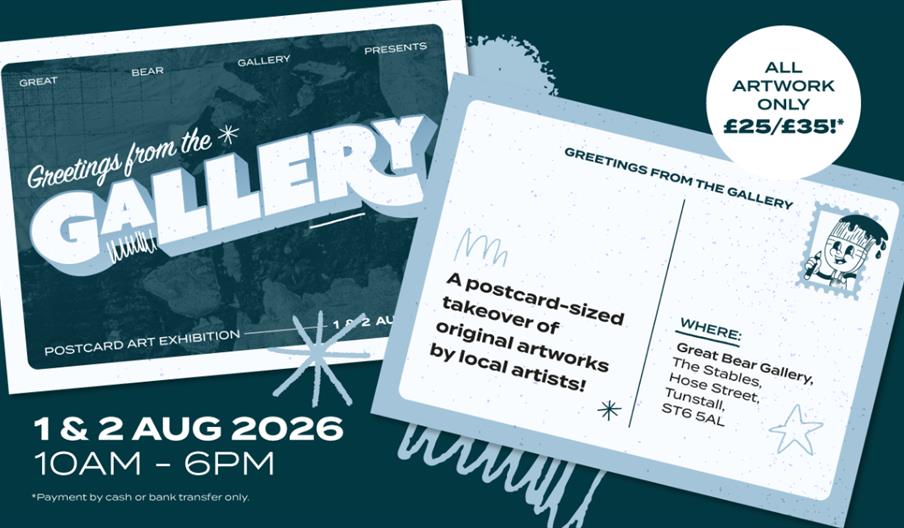 Postcard-style promotion for “Greetings from the Gallery” exhibition featuring local artwork, dates 1–2 August 2026, Great Bear Gallery.