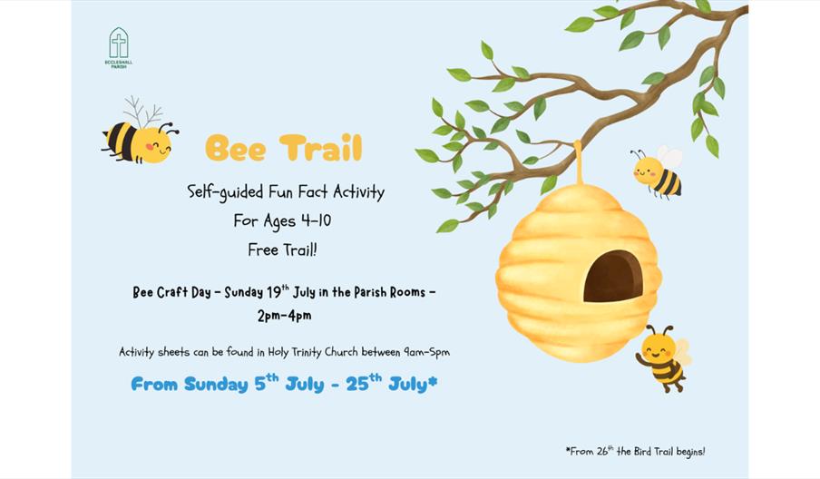 Bee Trail event poster featuring cartoon bees, a beehive hanging from a tree branch, and information about a free children's trail at Holy Trinity Chu