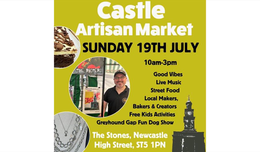 Promotional poster for Castle Artisan Market featuring local market stalls, handmade jewellery, cake, a market trader, and event details for Sunday 19