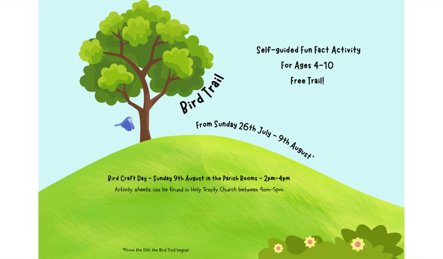Colourful poster promoting a free Bird Trail activity for children aged 4–10, featuring a tree, bird, and green hillside illustration.