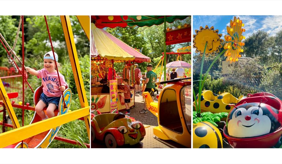 Child riding a swing boat, fairground ride and ladybird ride.