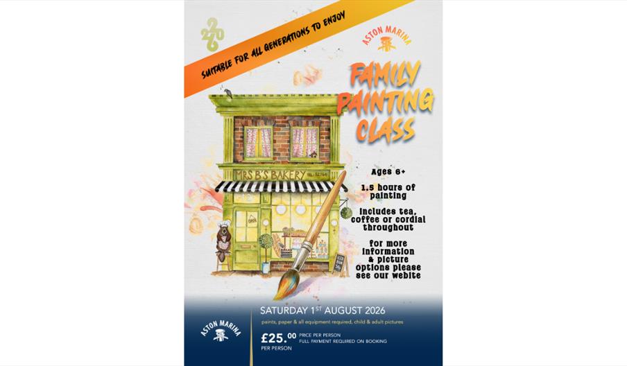 Poster for a family watercolour painting class featuring an illustrated bakery shopfront and paintbrush.