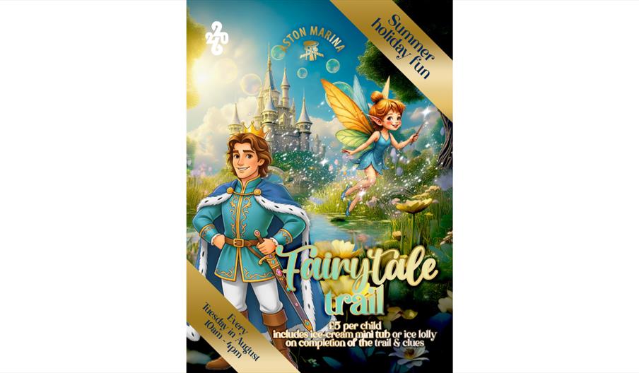 Fairytale-themed event poster featuring a prince, a fairy and a castle in a magical woodland setting.