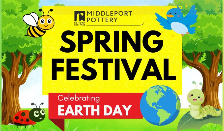 Bright Spring Festival poster for Middleport Pottery featuring Earth Day graphics, trees, insects and a bird.