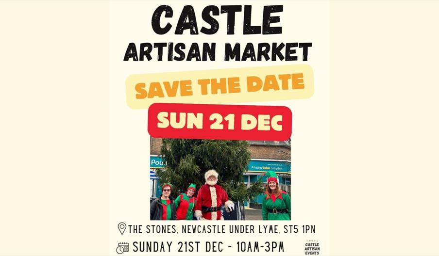 Promotional poster for Castle Artisan Market with a festive theme. The text reads: “Castle Artisan Market – Save the Date – Sun 21 Dec.” Below, event