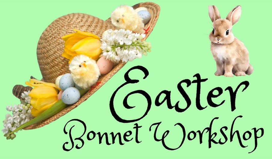 A decorated straw Easter bonnet adorned with yellow tulips, white flowers, speckled eggs, and fluffy toy chicks, alongside a small illustration of a r