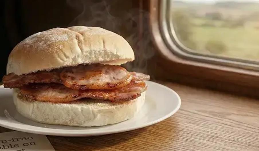 A bacon sandwich on a white plate set on a wooden table beside a train window with countryside views outside.