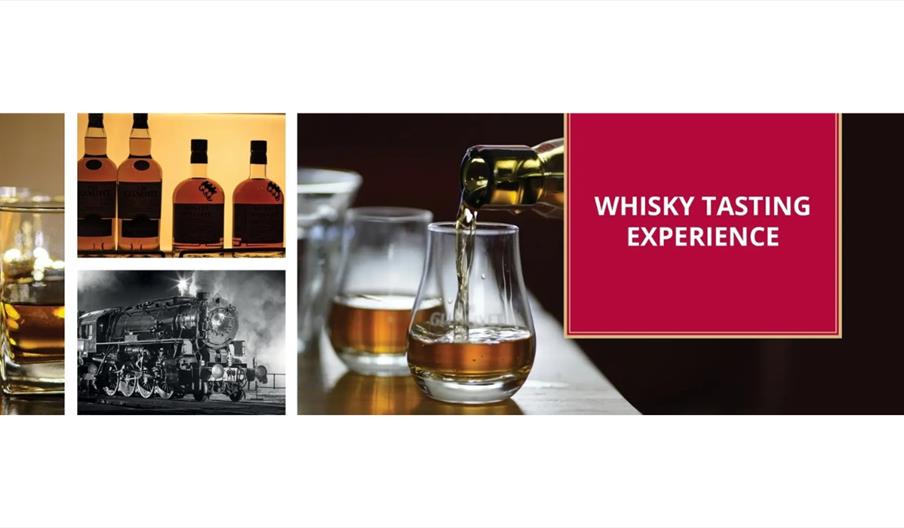 A collage featuring whisky glasses, bottles of whisky, a steam locomotive, and a close-up of whisky being poured, with a panel reading “Whisky Tasting