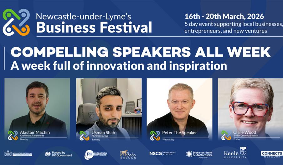Promotional banner for Newcastle-under-Lyme’s Business Festival featuring event dates, speaker names, and branding graphics.