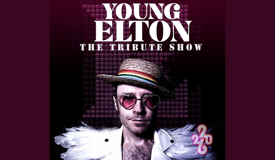 Promotional poster for “Young Elton – The Tribute Show.” The design features bold white text at the top against a dark purple background with a patter