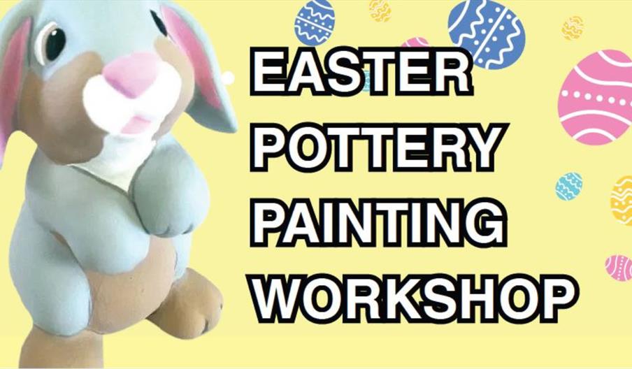 An illustrated poster featuring a pastel‑coloured bunny figure on a yellow background decorated with patterned Easter eggs, alongside bold text readin