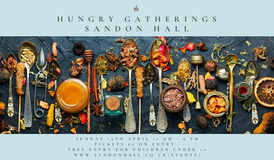 Event poster featuring an overhead display of assorted spices, herbs and foods arranged on decorative spoons