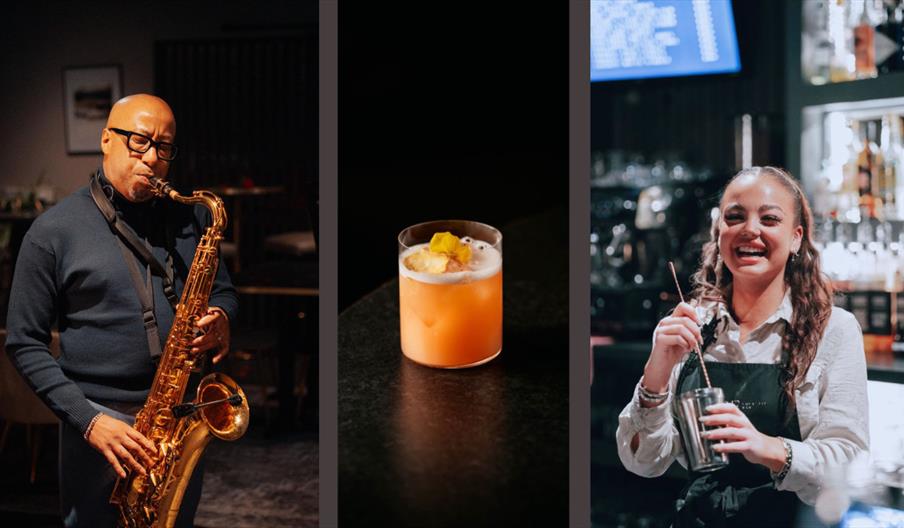 A saxophonist performing, a signature cocktail and a bartender at a live event.