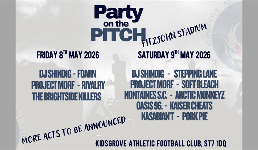 Poster for “Party on the Pitch” at Kidsgrove Athletic Football Club, listing tribute acts performing on 8th and 9th May 2026.