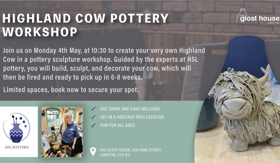 Image: Ceramic Cow unfired with fresh clay sculpture. Text: Join us on Monday