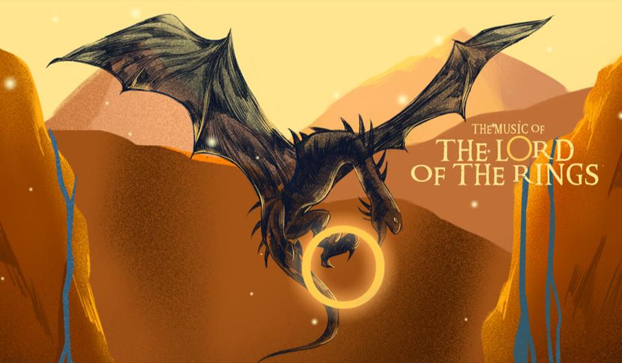 Illustrated dragon hovering over a glowing ring, promoting The Lord of the Rings music concert.
