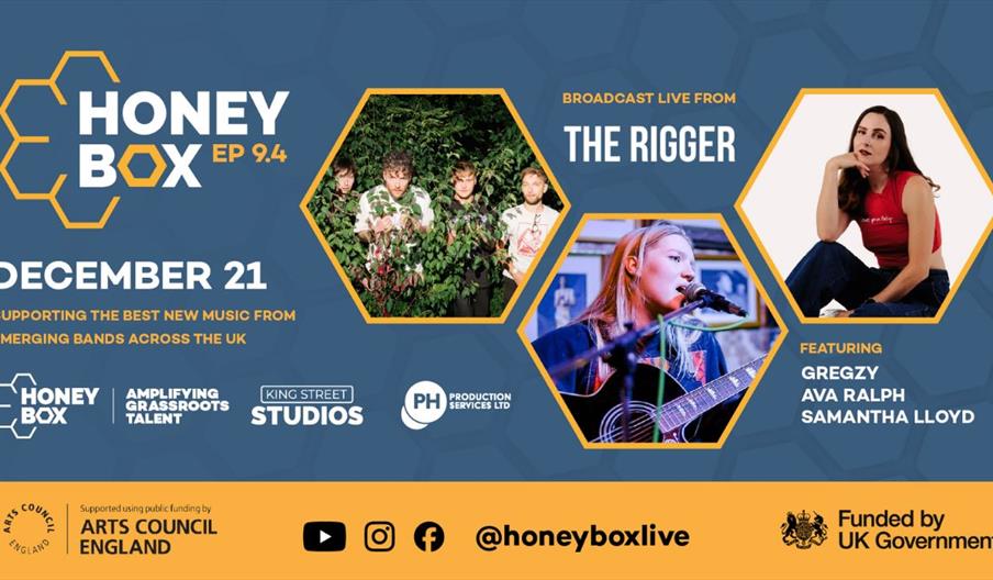Honey Box Live Episode 94 poster promoting a live music event on December 21 at The Rigger, Newcastle-under-Lyme. Features bold Honey Box branding, ev