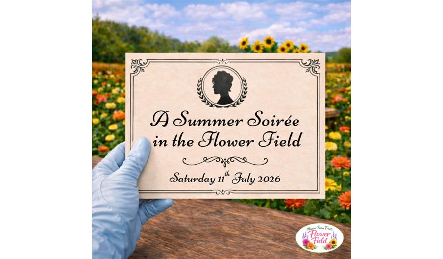 Elegant invitation for a Summer Soirée held in a flower field