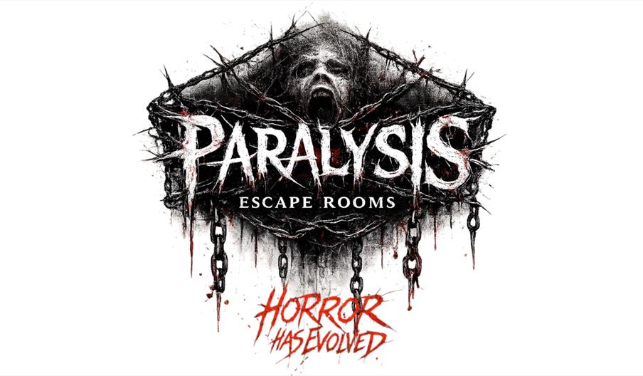 Logo for Paralysis Escape Rooms featuring a horror-themed design with chains, thorns, and distressed text.