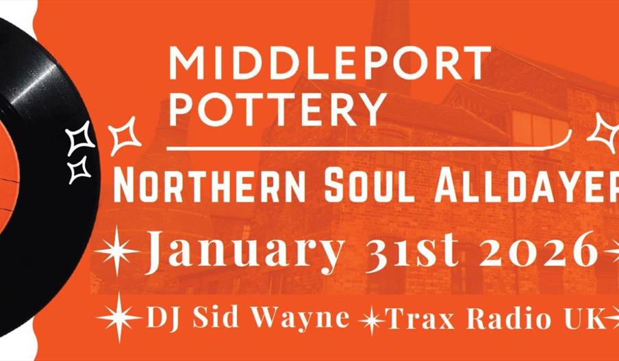 Orange promotional banner for the Northern Soul Alldayer event at Middleport Pottery. The design features a black vinyl record on the left and bold wh