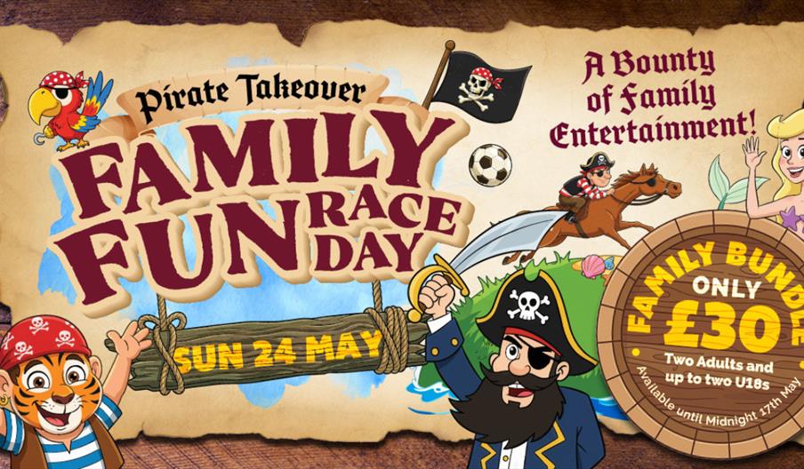 Pirate Takeover Family Fun Raceday poster for Uttoxeter Racecourse on Sunday 24 May.
