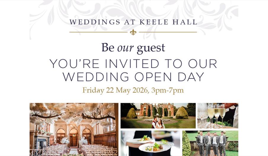 Weddings at Keele Hall Open Day invitation with venue and wedding imagery.