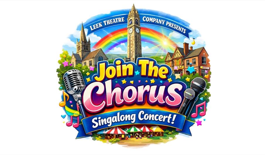 Colourful poster for “Join The Chorus” singalong concert with microphones, musical notes, local buildings, and a rainbow in a festive outdoor scene.