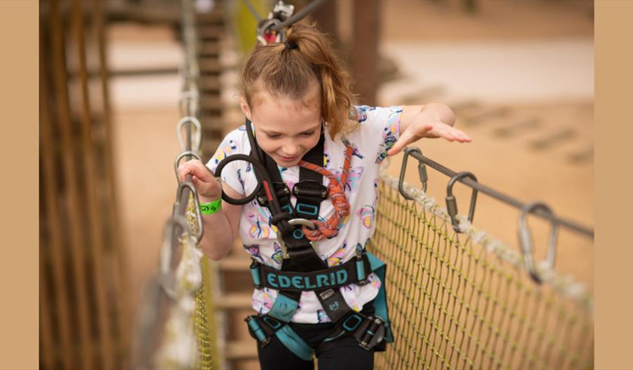 A child wearing a safety harness crosses a rope bridge on an outdoor high‑ropes course, surrounded by wooden structures and netting.