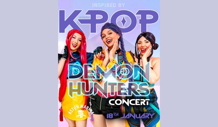 Promotional poster for a Demon Hunters concert inspired by K-Pop, featuring three performers in colorful costumes with vibrant red, purple, and blue h