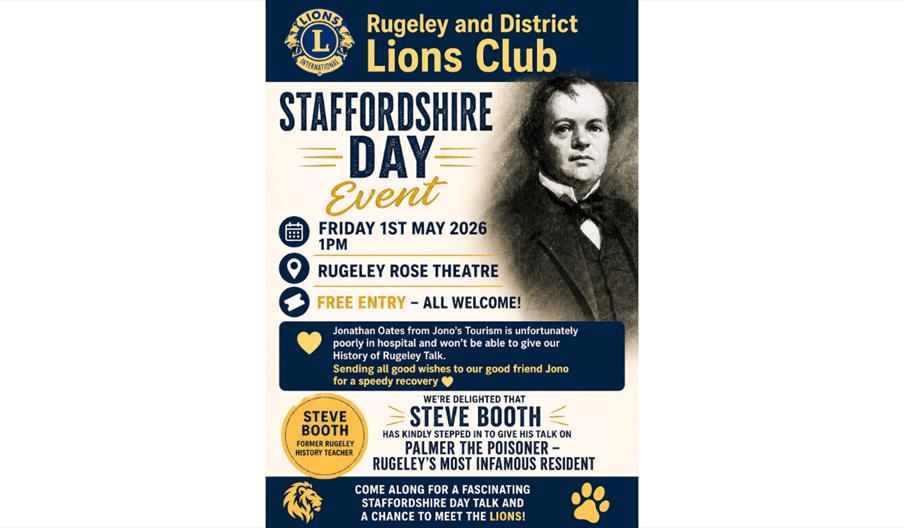 Promotional poster for Rugeley and District Lions Club advertising a “Staffordshire Day Event.”