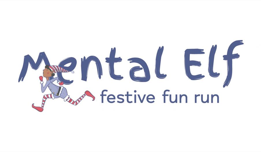 Mental Elf festive fun run logo in blue lettering, with a running elf wearing a blue outfit, pink shoes and a pink-and-blue striped hat and leggings.