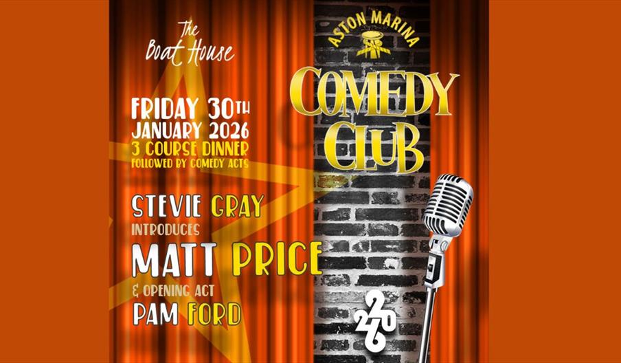Promotional poster for Aston Marina Comedy Club at The Boat House. Event date: Friday 30th January 2026. Includes a three-course dinner followed by co