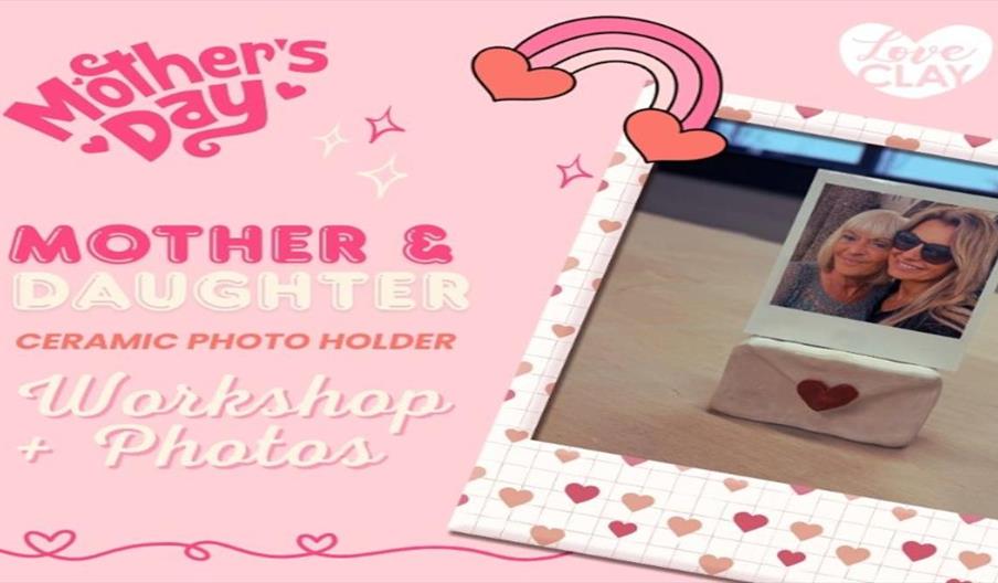 Mother’s Day workshop poster with a ceramic photo holder.