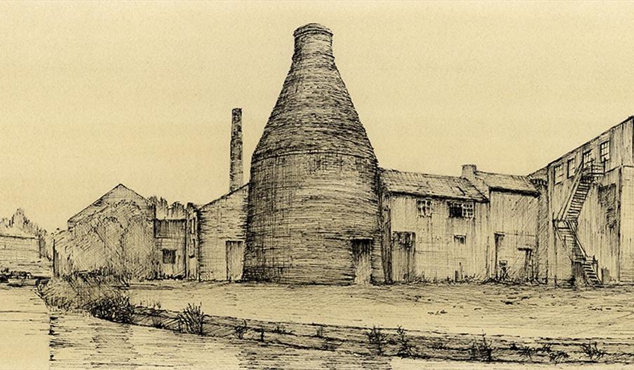 A drawing of bottle kiln and other buildings of Middleport Pottery, and the canal beside them