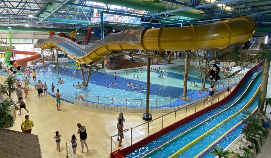 Image shows the slides and flumes of Waterworld, taken from high up