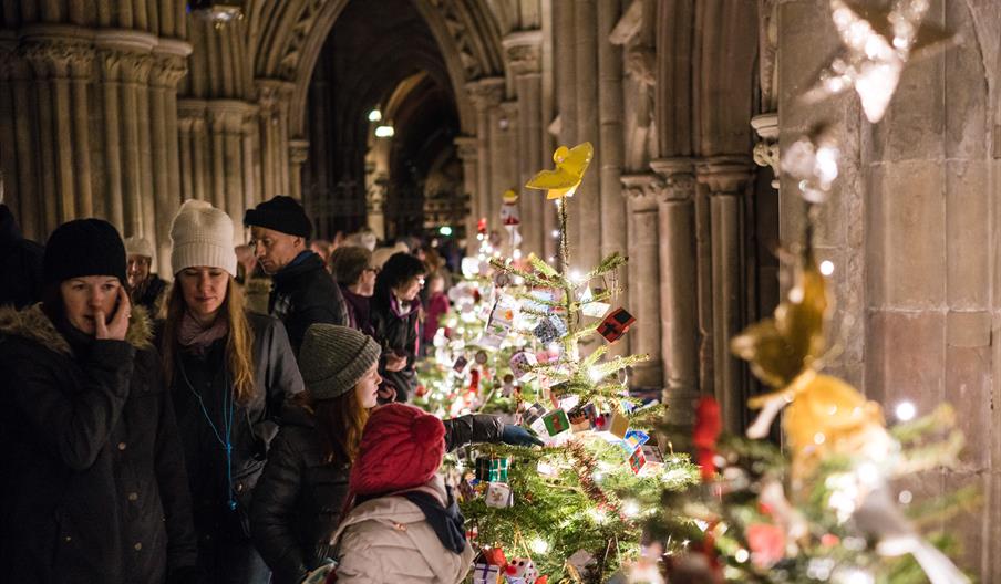 Image shows visitors to Lichfield Cathedral's Christmas Tree Festival, taking a closer look at the wonderful trees
