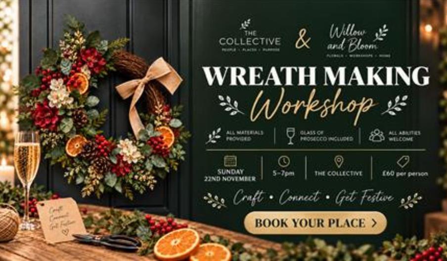 wreath hung a door with Christmas decorations around