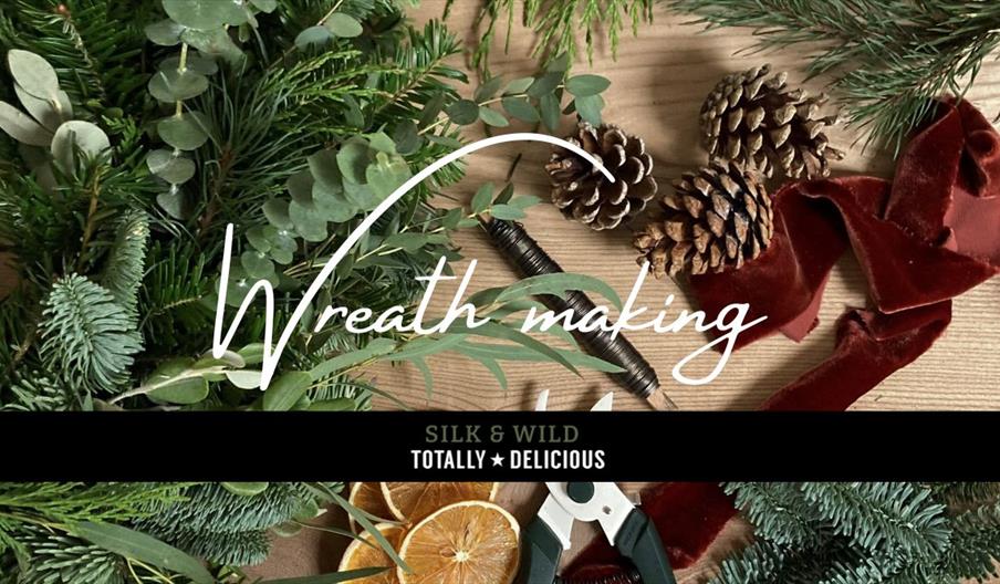 Image is a graphic promoting the wreath making event, featuring leaves, seeds and other materials you'll need