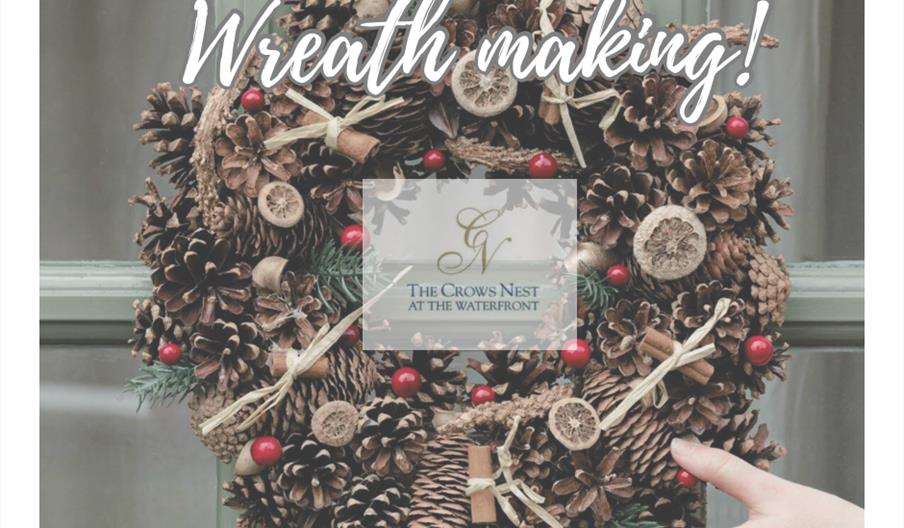 Image shows a wreath on a door, and a message encouraging people to register for the event