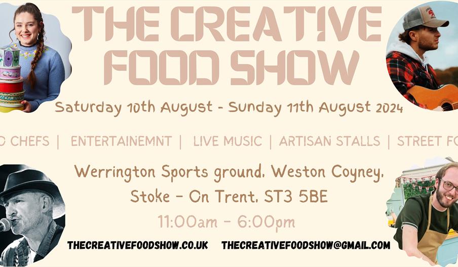 Image shows a graphic for The Creative Food Show, with images of bakers and musicians, plus the dates, times and address of the venue