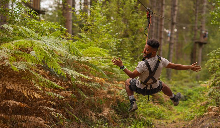 A man flies through the air, backwards, on a zip wire in a forest