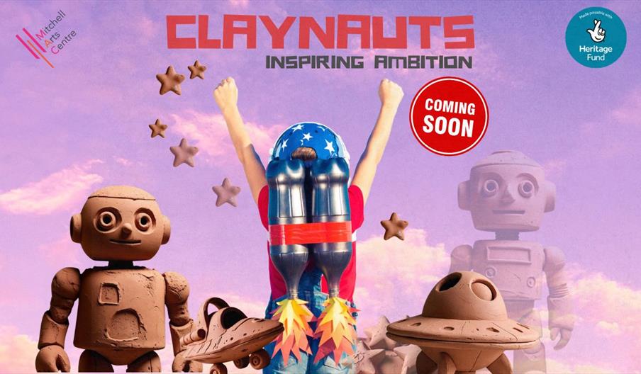 A rose-tinted sky as the background with objects made of clay such two robots, two spaceships and a person with a jetpack with flames emanating from i