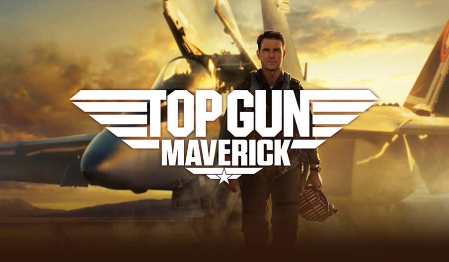 Image shows the film poster for Top Gun: Maverick, with a man (Tom Cruise) approaching the camera after climbing out of the fighter jet behind him