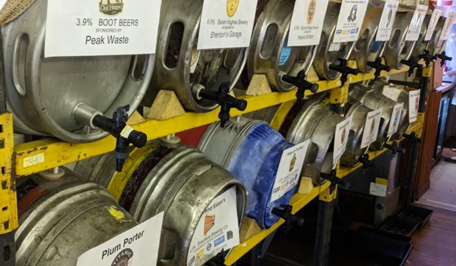 Beer barrels on shelves for the Mayfield Beer Festival
